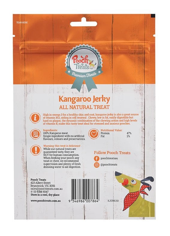 Package of Pooch Treats Kangaroo Jerky dog treats against white background.