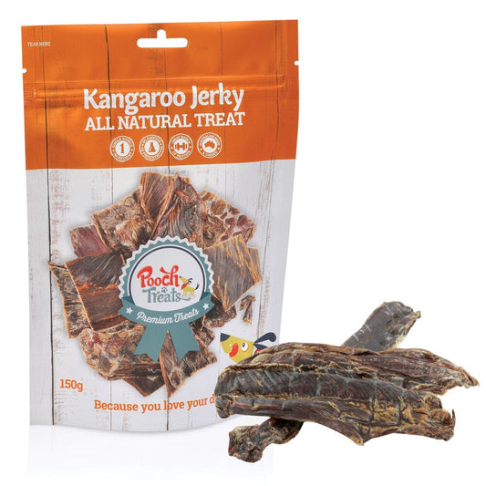 Package of Kangaroo Jerky Dog Treats with loose pieces displayed.