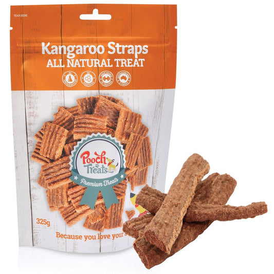 Kangaroo Straps dog treats packaging with treats displayed in front.