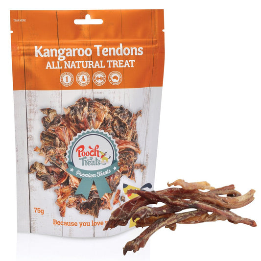 Package of kangaroo tendons dog treats with product sample displayed.