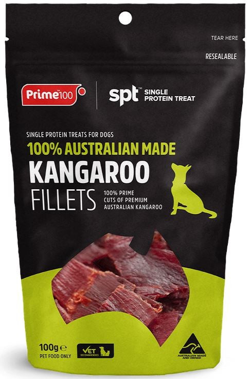 Australian-made kangaroo fillets dog treats packaging, black and green design.