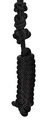 Black rope halter with intricate knots on white background.