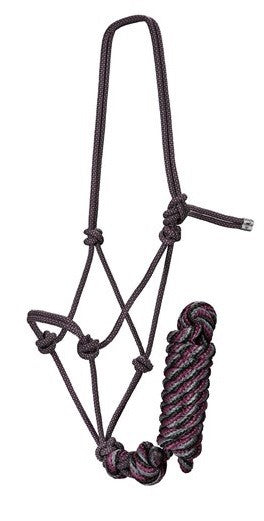 Black and purple braided rope halter for horses on white background.