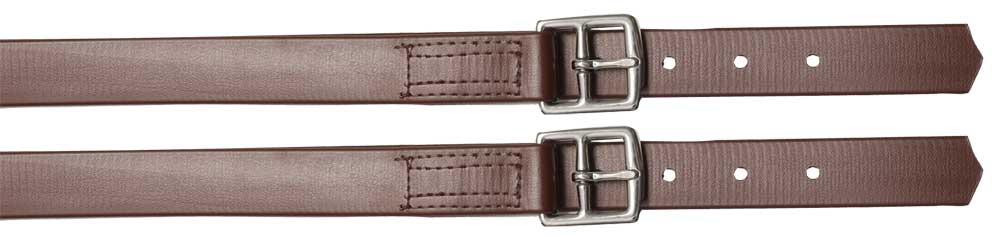 Brown stirrup leathers with buckles and multiple adjustment holes.