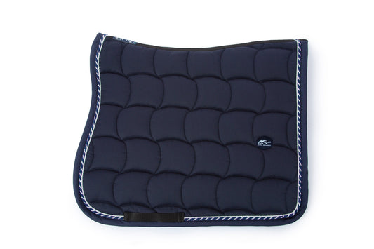 Anna Scarpati navy saddle pad with white and blue trim.