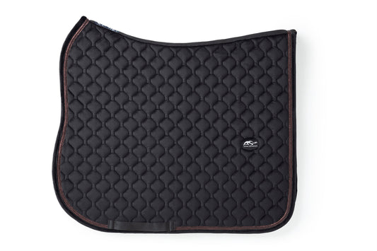 Black Anna Scarpati horse saddle pad with quilted design on white background.