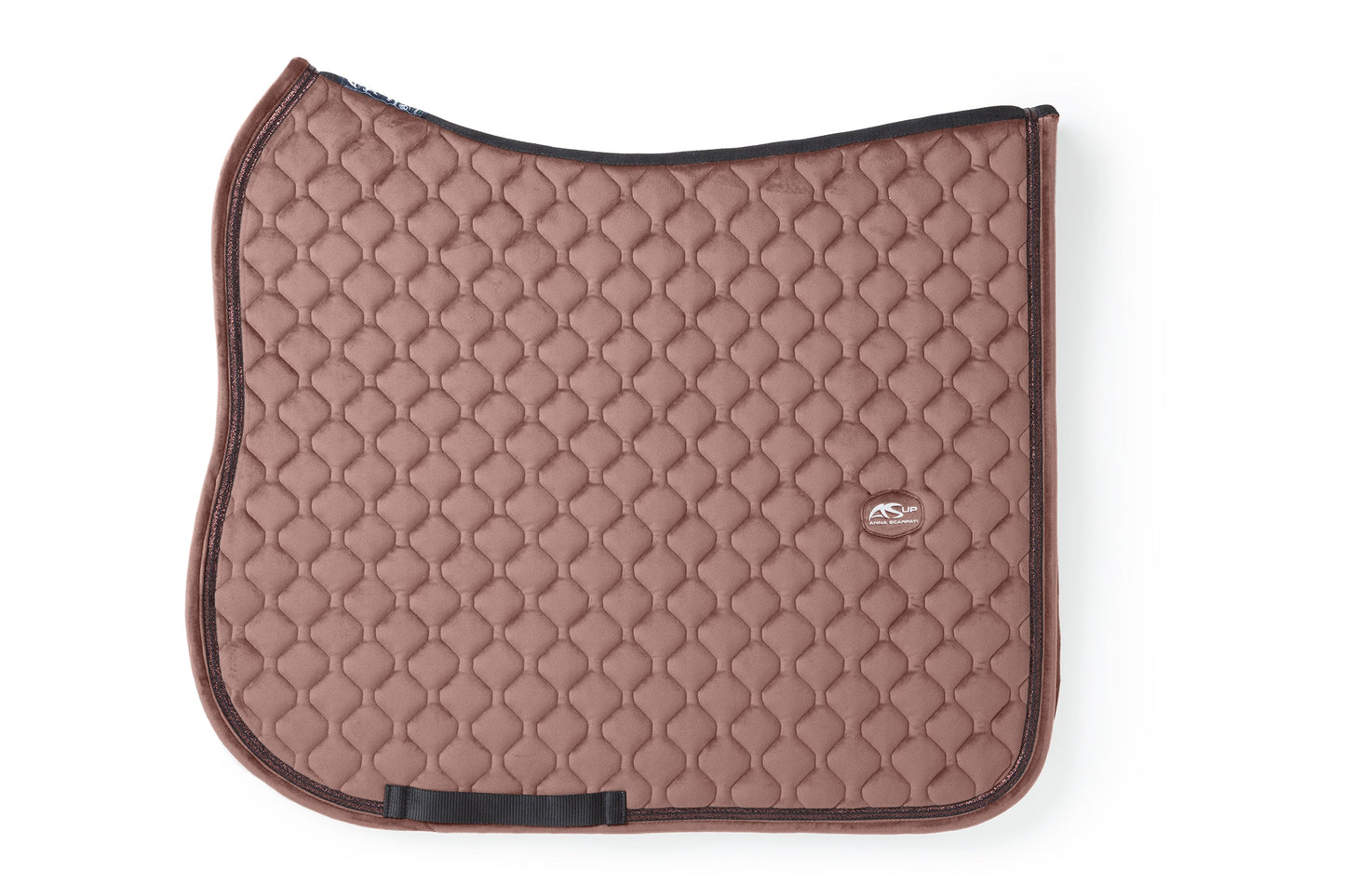Brown Anna Scarpati quilted horse saddle pad isolated on white.