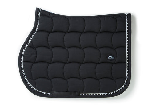 Black Anna Scarpati horse saddle pad with white trim detail.