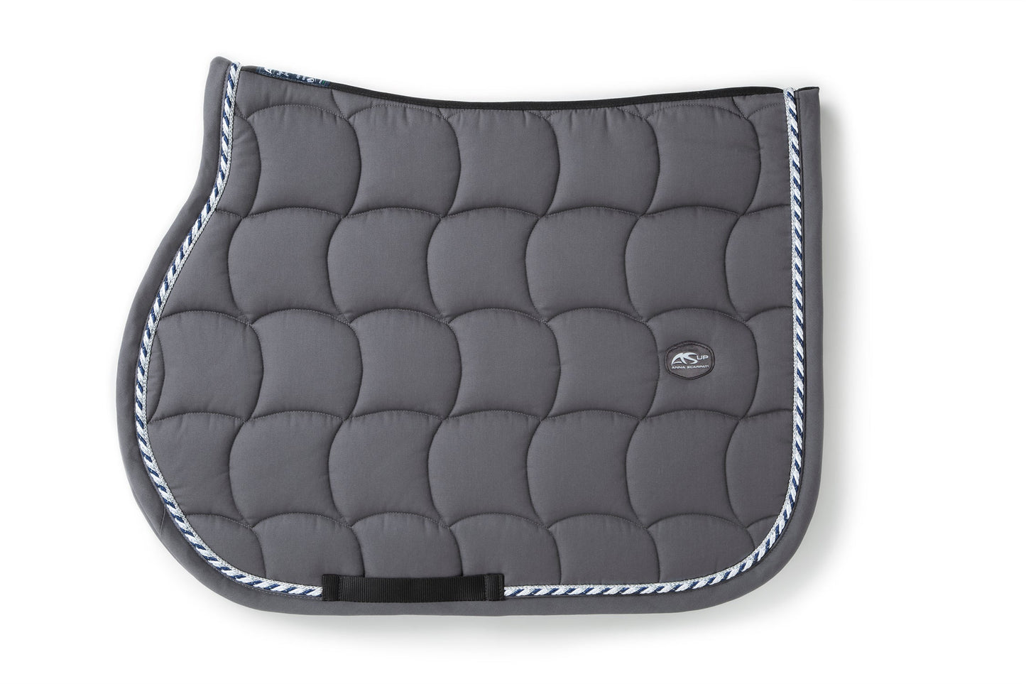 Anna Scarpati quilted horse saddle pad in gray with blue trim.