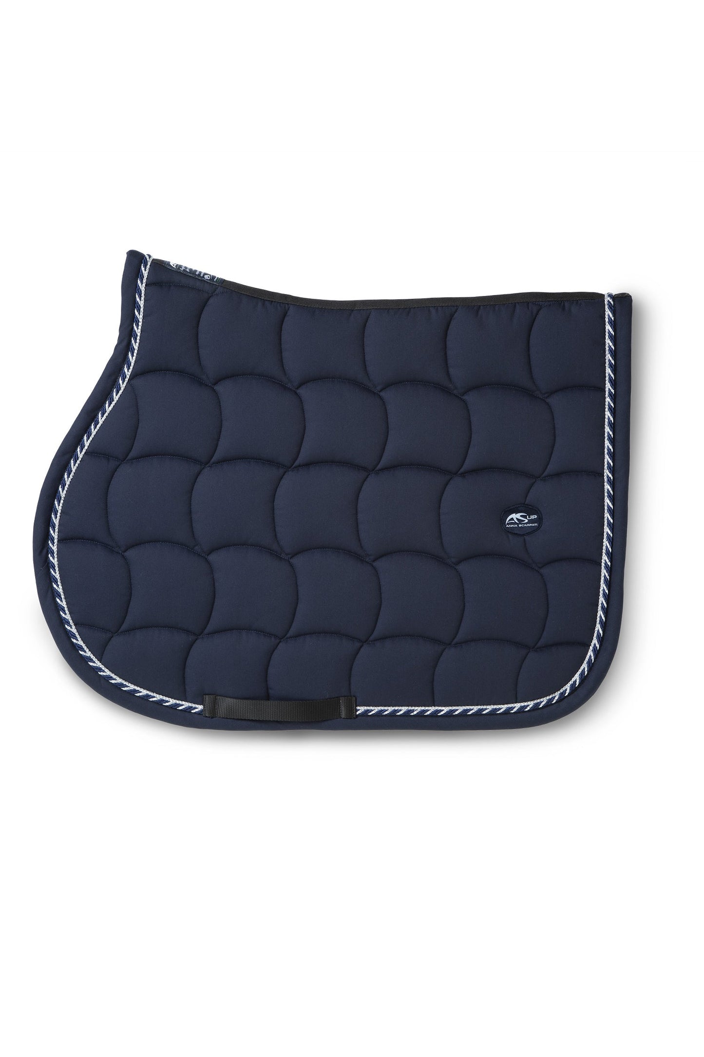 Anna Scarpati quilted horse saddle pad, navy blue with white trim.