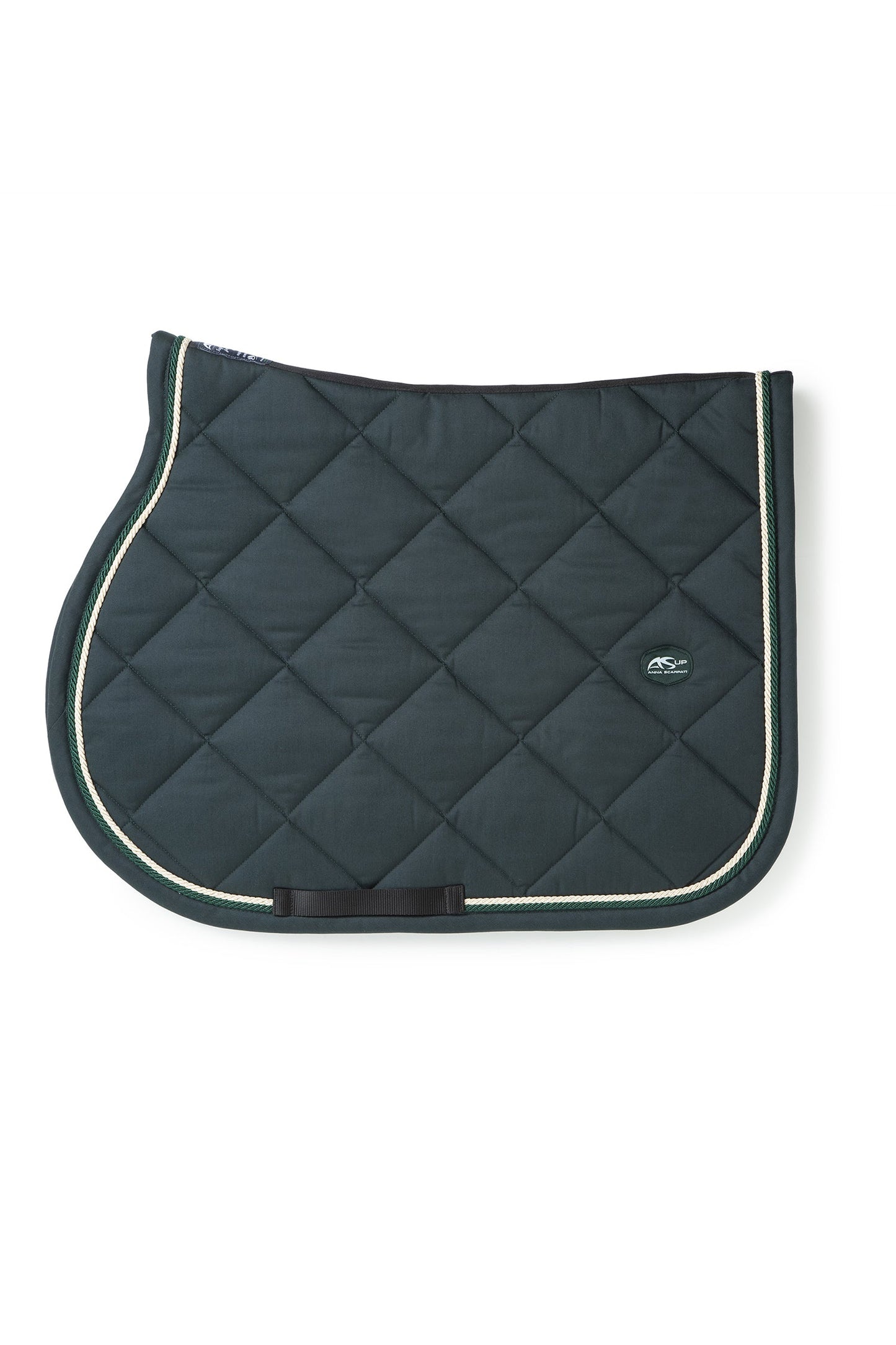 Anna Scarpati quilted horse saddle pad in dark green with trim.
