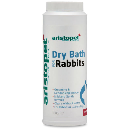 Aristopet Dry Bath Rabbit grooming powder bottle, white background.