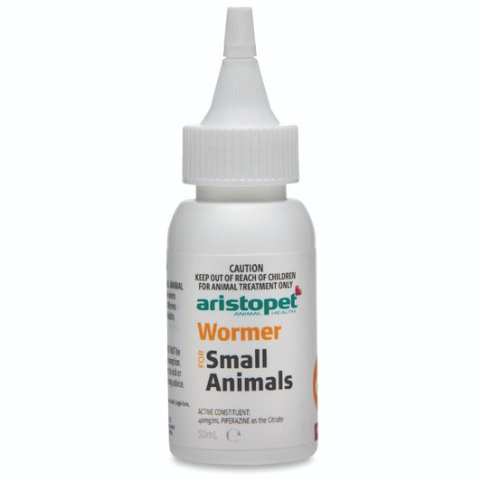 Aristopet wormer medication bottle for small animals, white background.