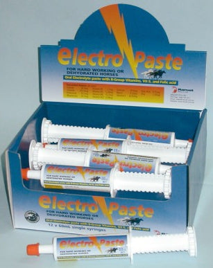 Display box of electrolyte paste syringes for hard-working horses.
