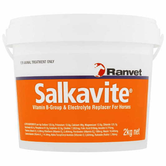 Ranvet Salkavite electrolytes for horses, 2kg tub, orange label.