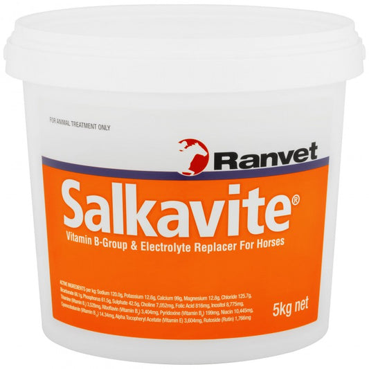 Orange bucket of horse electrolytes labeled "Salkavite" by Ranvet.