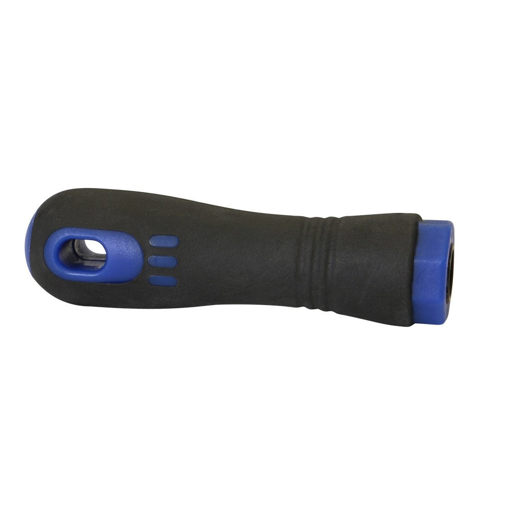 Black and blue handle of a tool on white background.