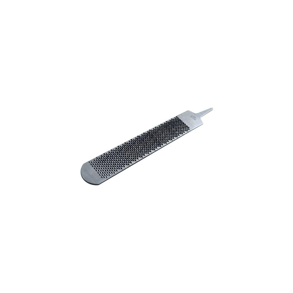 Metal nail file with textured grip on a white background.