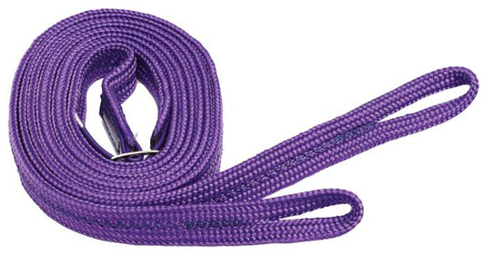Purple braided rope horse riding reins with looped ends.
