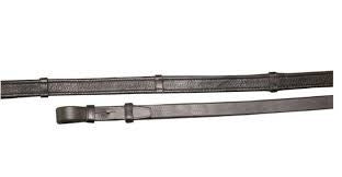 Brown leather horse riding reins with visible stitching detail.
