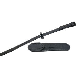 Black horse riding reins with attached leather loop and pad.