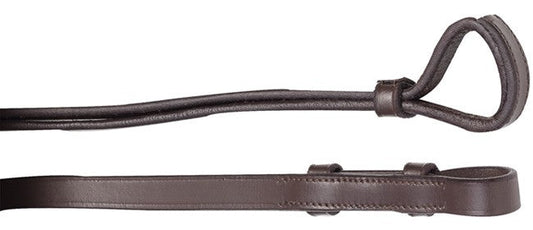 Close-up of brown leather horse riding reins against white background.