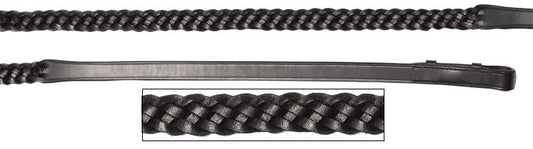Braided black leather horse riding reins with close-up detail.