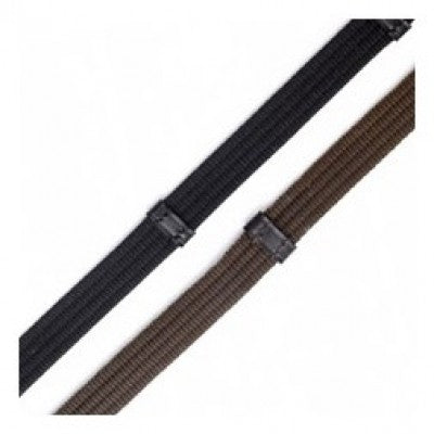 Close-up of black and brown horse riding reins on white.