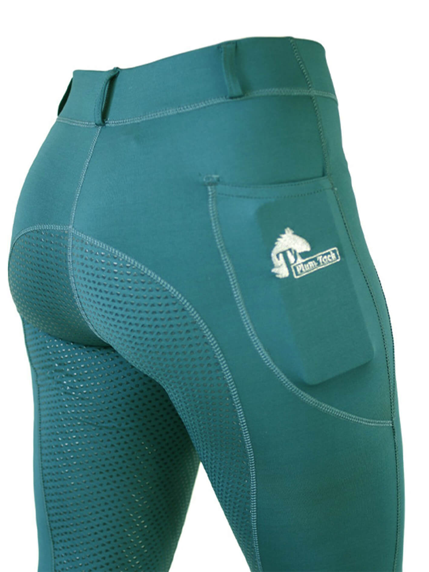 Teal horse riding tights with mesh panels and logo detail.
