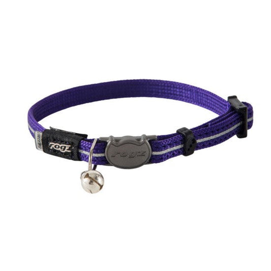 Rogz purple cat collar with bell on white background.