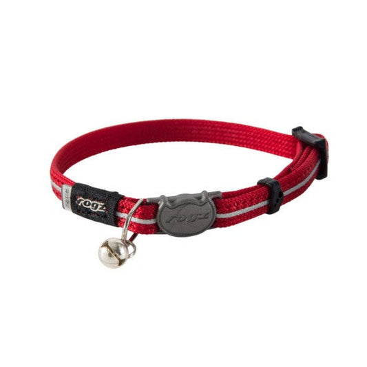 Red Rogz cat collar with bell and safety buckle.