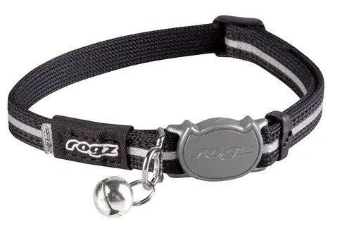 Rogz brand black cat collar with bell and tag.