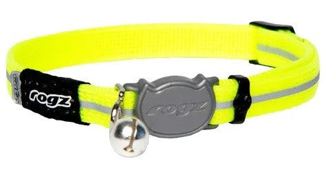 Bright yellow Rogz dog collar with tag and bell.
