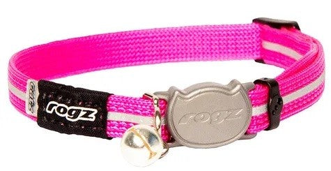 A pink Rogz brand cat collar with a bell.