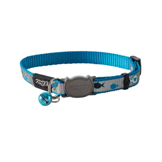 Rogz blue fishbone-patterned cat collar with bell.
