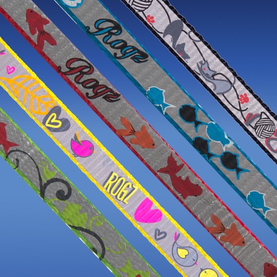 Various patterned Rogz pet collars displayed against blue background.