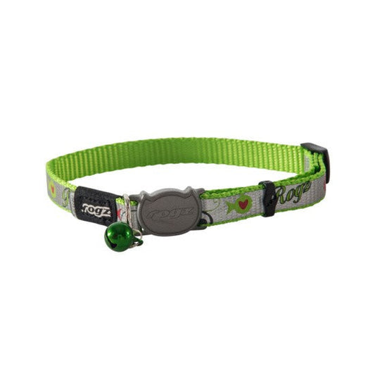 Green Rogz dog collar with reflective stitching and tag.