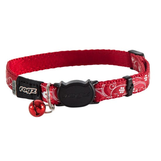 Red Rogz brand cat collar with bell and pattern.