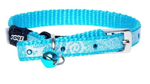 Blue Rogz brand cat collar with bell.