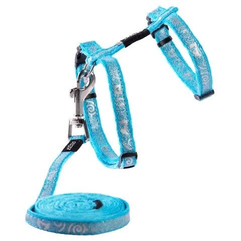 Rogz blue patterned dog harness and leash set.