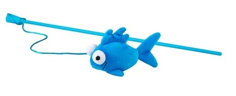 Rogz blue fish-shaped plush cat toy with wand.