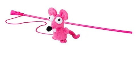 Rogz pink mouse cat teaser toy on white background.