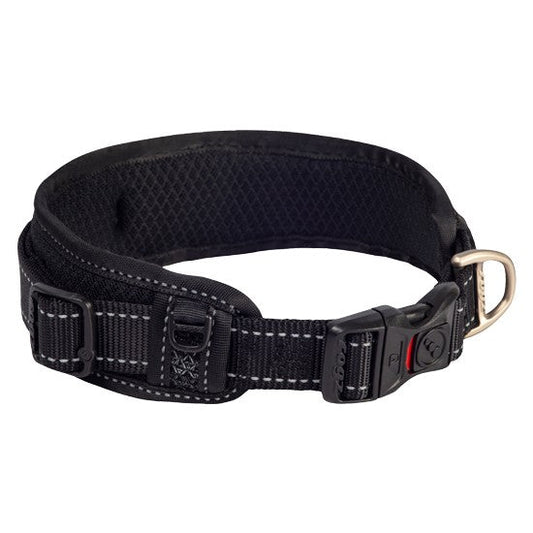 Black Rogz dog collar with buckle on white background.