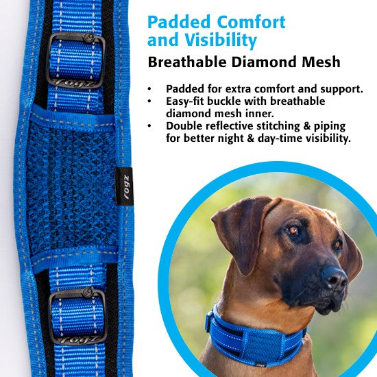 Blue Rogz dog collar with reflective stitching and padding.