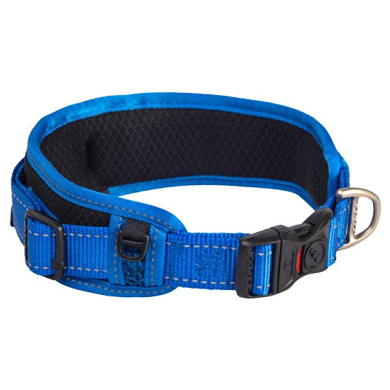 Blue Rogz dog collar with reflective stitching and buckle.