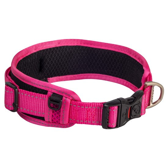 Rogz pink padded adjustable dog collar on white background.