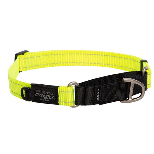 Neon yellow Rogz dog collar with black buckle.