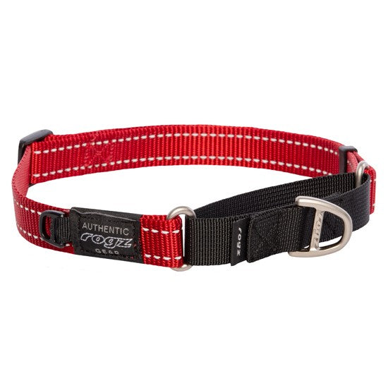 Red and black Rogz dog collar on white background.