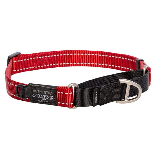 Red and black Rogz dog collar on white background.