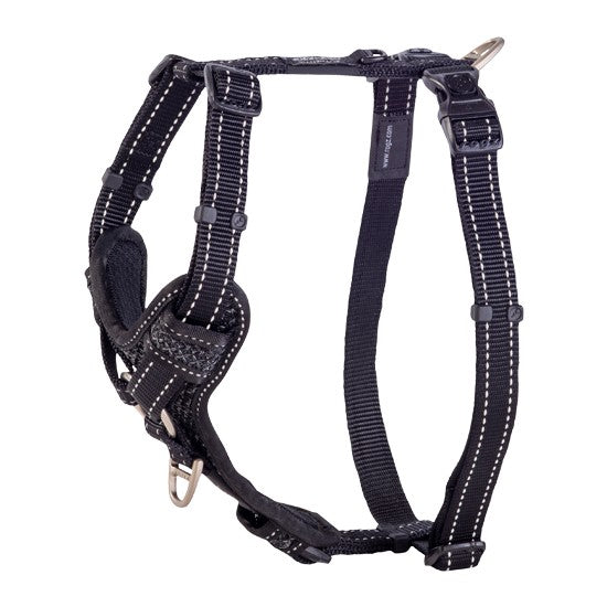 Rogz black adjustable dog harness on white background.